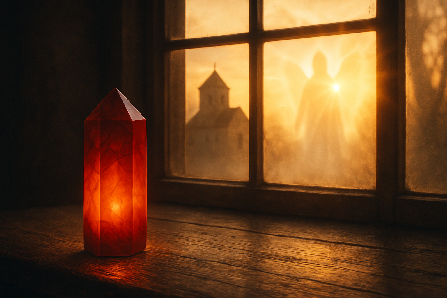 Red jasper crystal glowing with warm light near an ancient church, symbolizing the purifying energy of Angel Hariel.